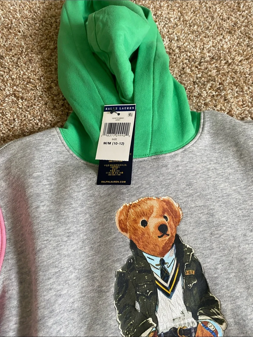 Ralph Lauren Kids Polo Bear Hoodie in Gray with Pink, Blue & Green